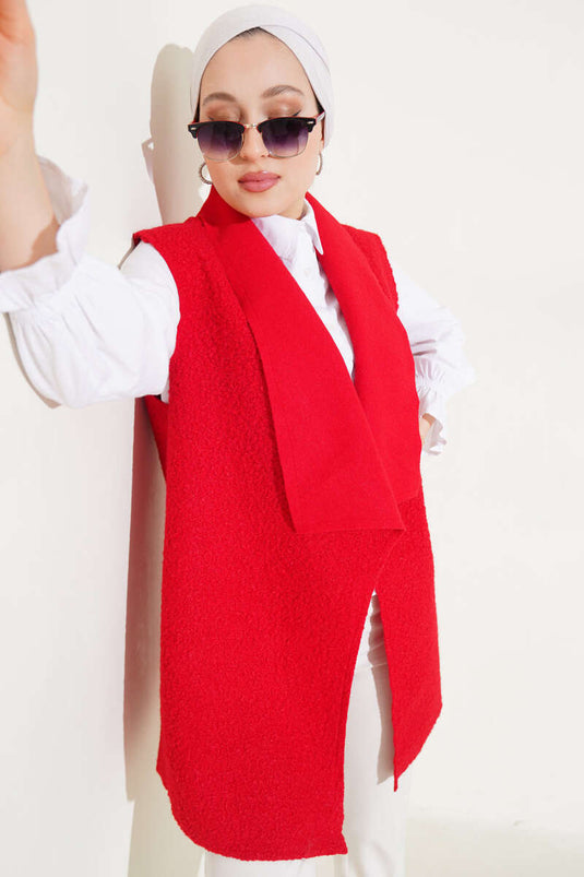 Oversized Shawl Collar Boucle Vest Red