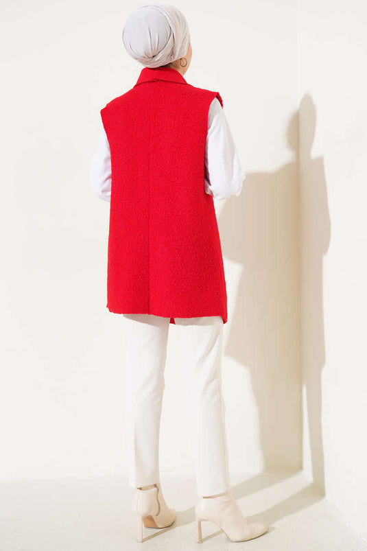 Kruvaze Yaka Salaş Buklet Yelek Kırmızı