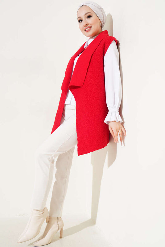 Oversized Shawl Collar Boucle Vest Red