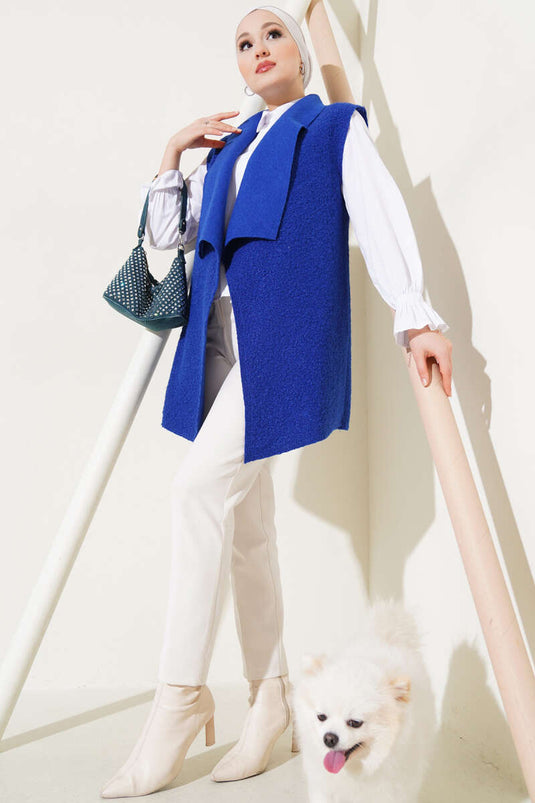 Oversized Shawl Collar Boucle Vest in Royal Blue