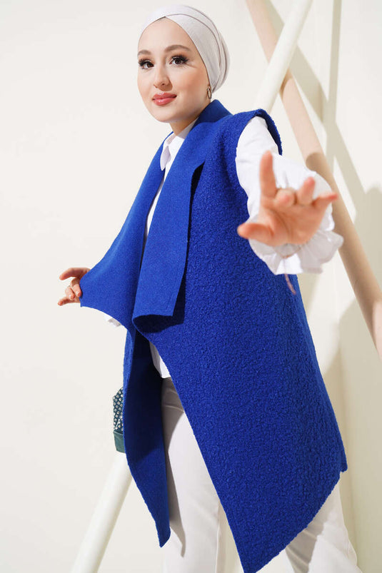 Oversized Shawl Collar Boucle Vest in Royal Blue