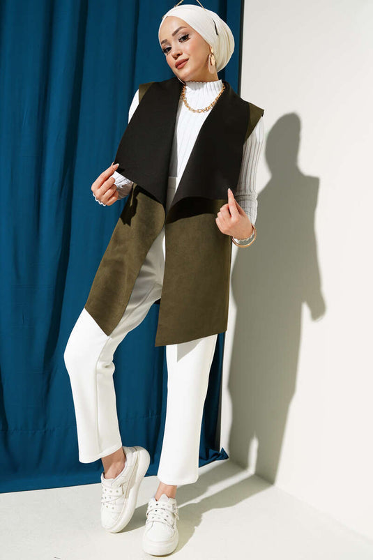 Khaki Suede Vest with Shawl Collar