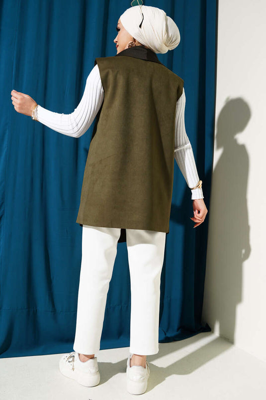 Khaki Suede Vest with Shawl Collar