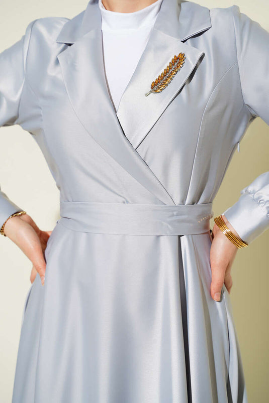 Wrap Collar Stone-Embellished Satin Evening Dress Gray