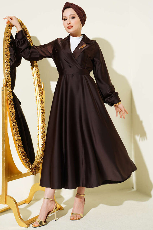 Kruvaze Yaka Taşlı Saten Abiye Elbise Kahve