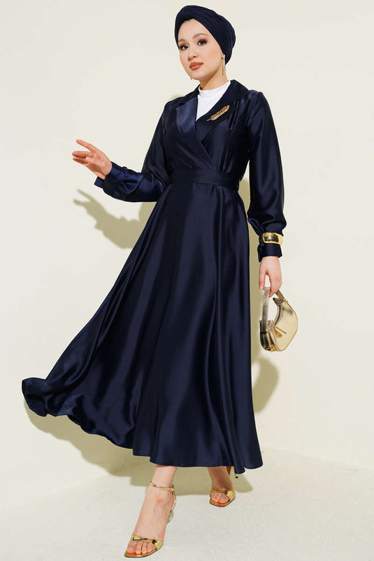 Navy Blue Satin Evening Dress with Wrap Collar and Stones