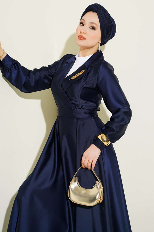 Navy Blue Satin Evening Dress with Wrap Collar and Stones