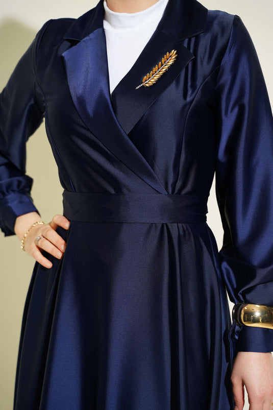 Navy Blue Satin Evening Dress with Wrap Collar and Stones