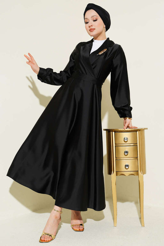Kreuzhals Satin-Abendkleid mit Steinen, Schwarz