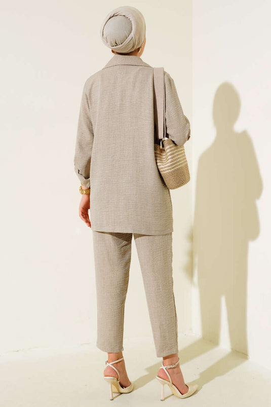 Crossover Collar Three-Piece Suit Beige