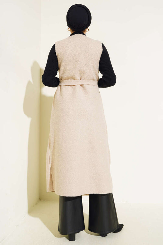 Double Breasted Long Boucle Vest Beige