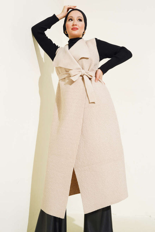Double Breasted Long Boucle Vest Beige