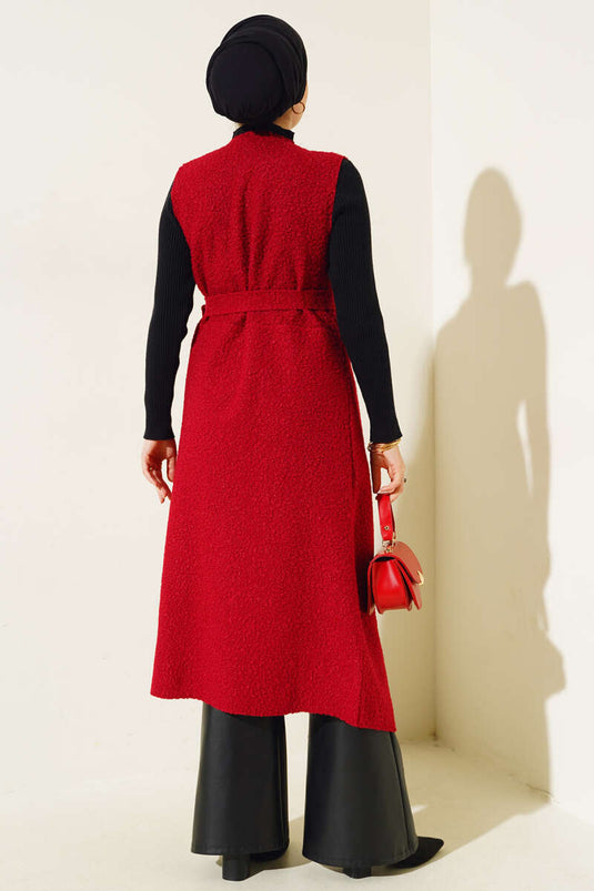 Dubbelrijs lang bouclé vest bordeauxrood