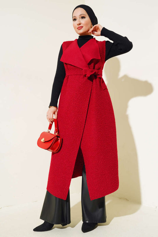 Dubbelrijs lang bouclé vest bordeauxrood