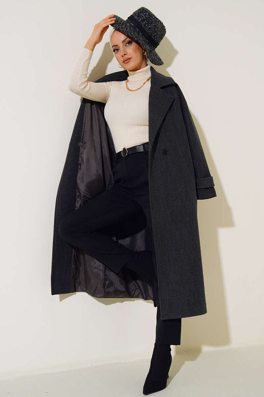 Manteau long croisé en cachemire anthracite