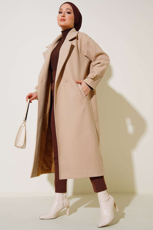 Kruvaze Yaka Uzun Kaşe Kaban Bej