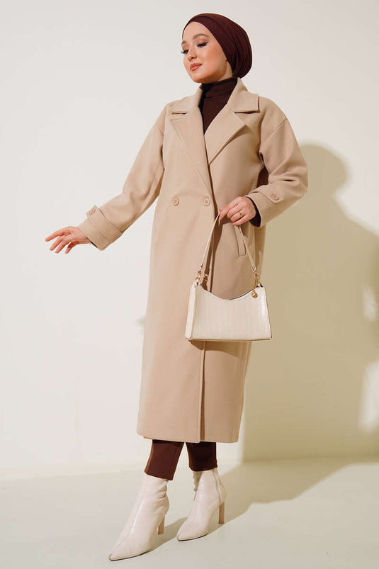 Manteau long croisé en cachemire beige