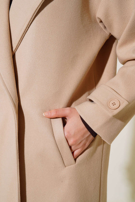 Kruvaze Yaka Uzun Kaşe Kaban Bej