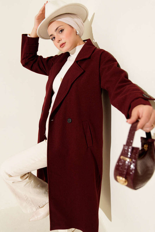 Cappotto lungo doppiopetto in cashmere bordeaux