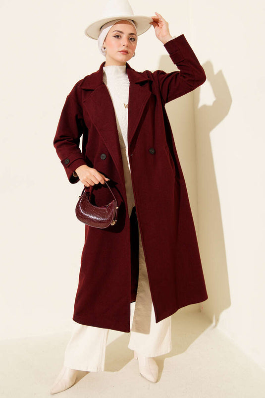 Double-breasted Long Cashmere Coat Burgundy