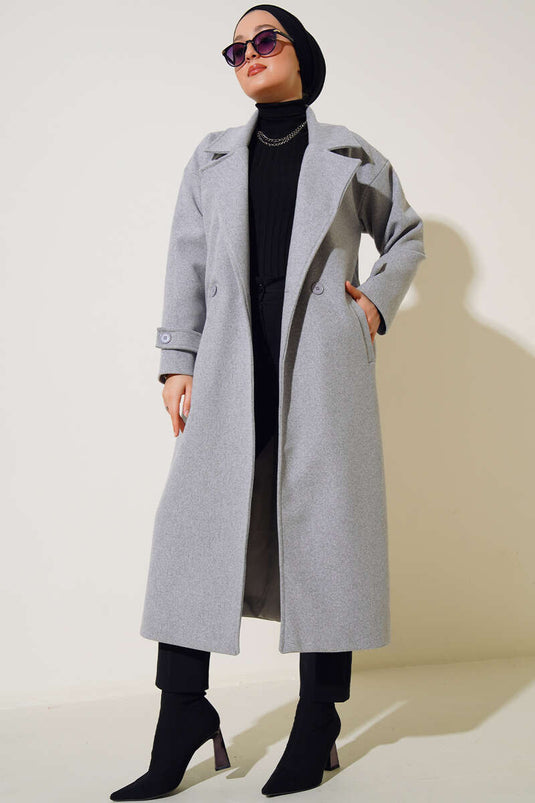 Manteau long croisé en cachemire gris