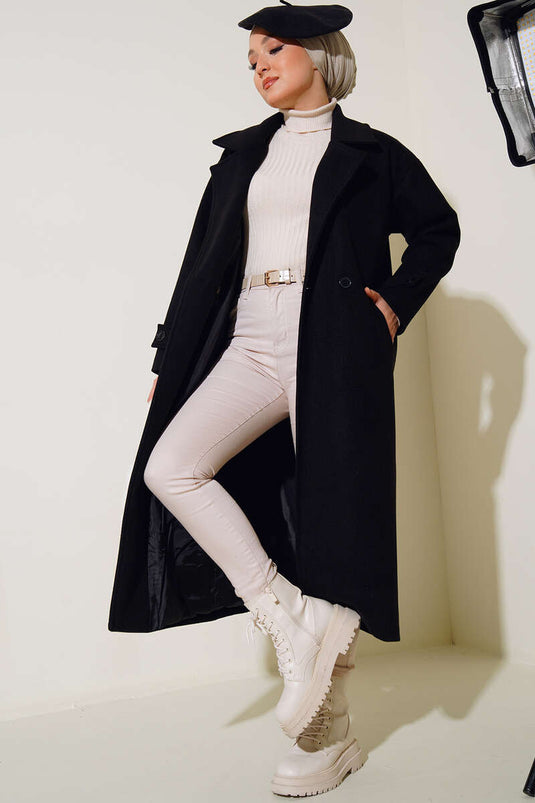 Double Breasted Long Cashmere Coat Black