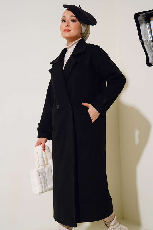 Manteau long croisé en cachemire noir