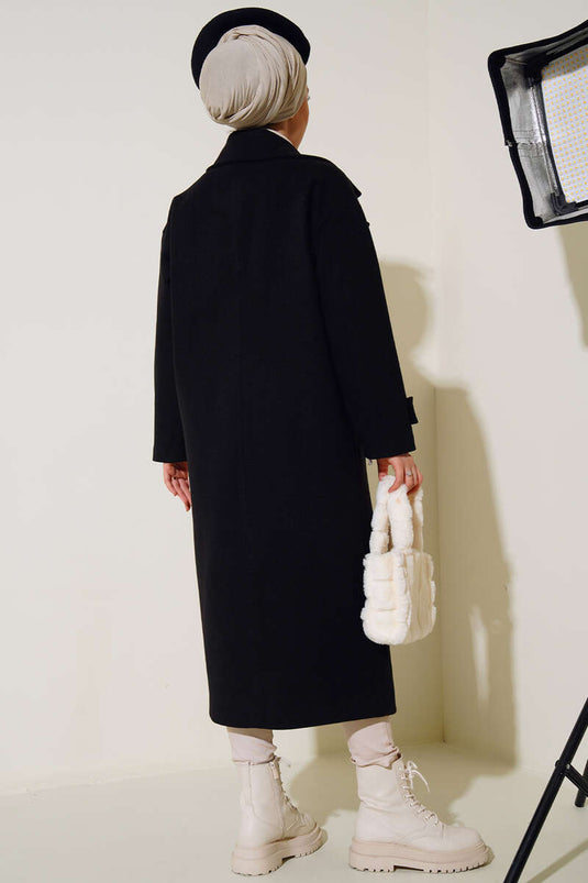 Manteau long croisé en cachemire noir