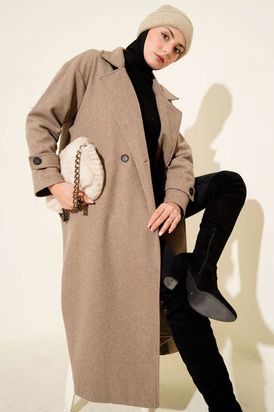 معطف كشمير طويل مزدوج الصدر من جلد المنك