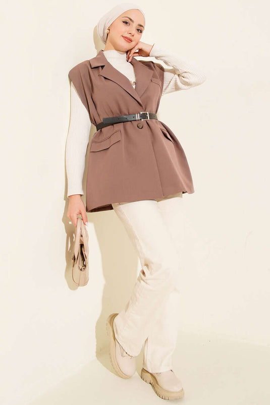Double-Breasted Shoulder-Padded Belted Vest Brown