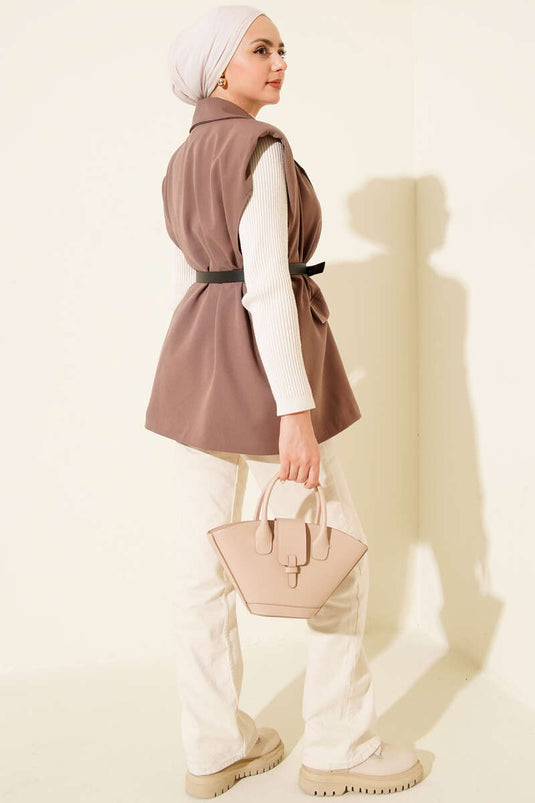 Double-Breasted Shoulder-Padded Belted Vest Brown