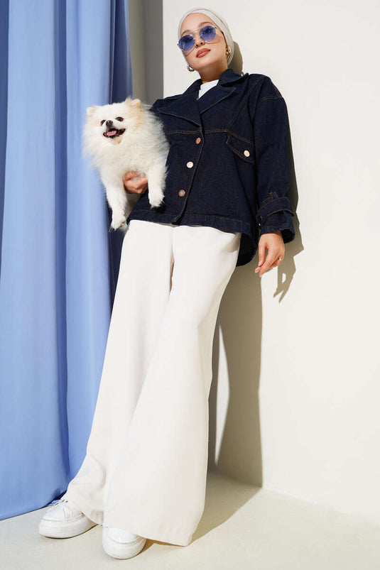 Double-breasted Side-Button Denim Jacket Navy Blue