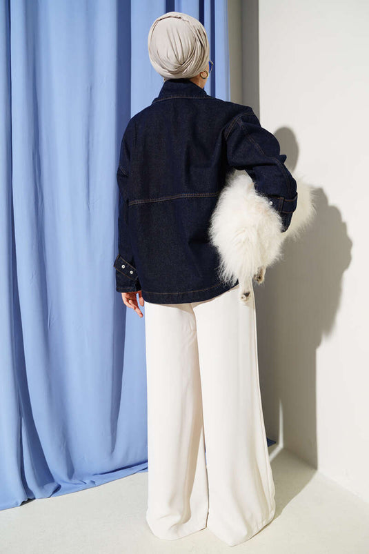 Double-breasted Side-Button Denim Jacket Navy Blue