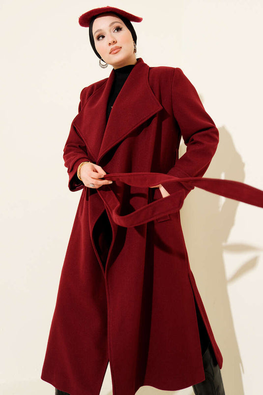 Kruvaze Yakalı Kuşaklı Uzun Kaşe Kaban Bordo