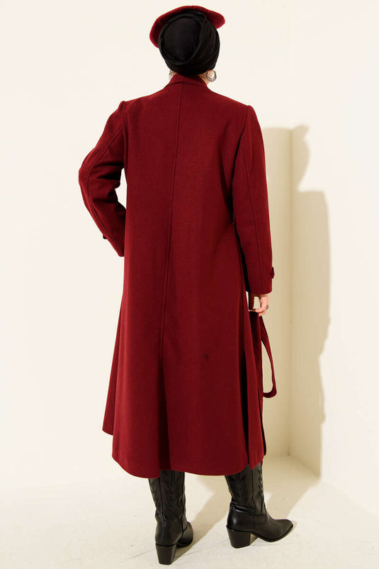 Kruvaze Yakalı Kuşaklı Uzun Kaşe Kaban Bordo