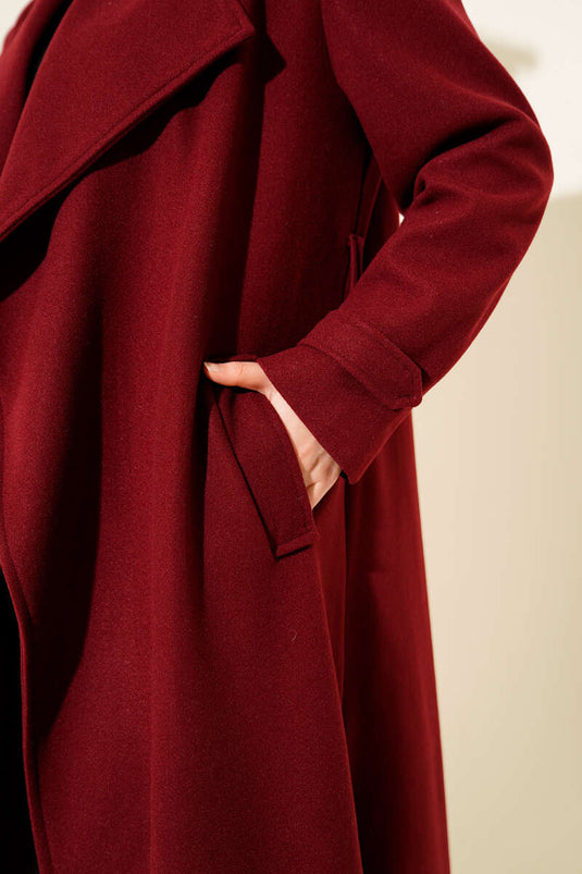 Double-Breasted Collar Belted Long Woolen Overcoat Burgundy