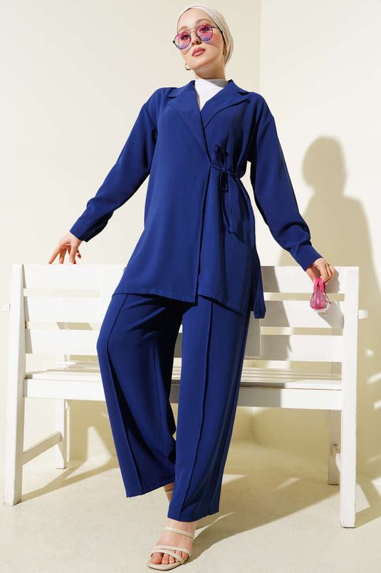 Double Breasted Side Rope Tied Two Piece Suit Navy Blue