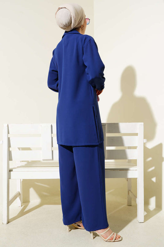 Double Breasted Side Rope Tied Two Piece Suit Navy Blue