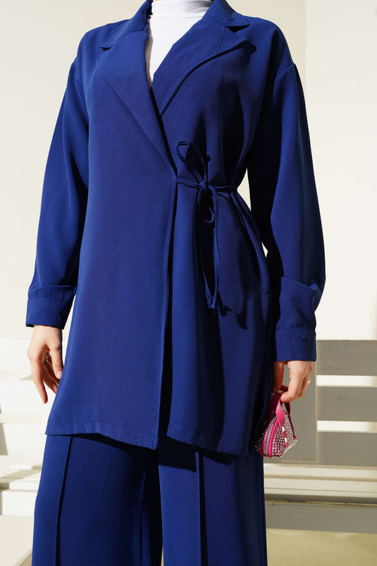 Double Breasted Side Rope Tied Two Piece Suit Navy Blue