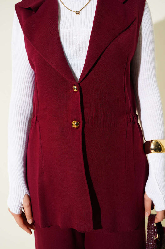 Double-Breasted Vested Two-Piece Knitwear Suit in Burgundy