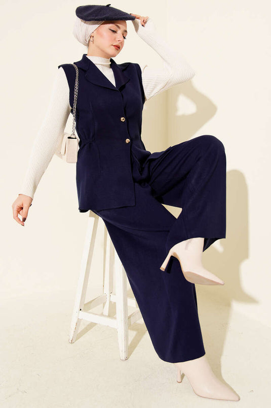 Two-Piece Knitted Set with Double-Breasted Vest, Navy Blue