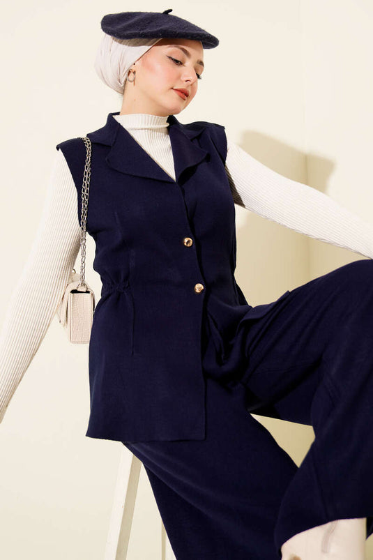 Two-Piece Knitted Set with Double-Breasted Vest, Navy Blue
