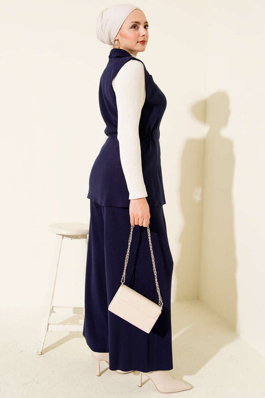 Two-Piece Knitted Set with Double-Breasted Vest, Navy Blue