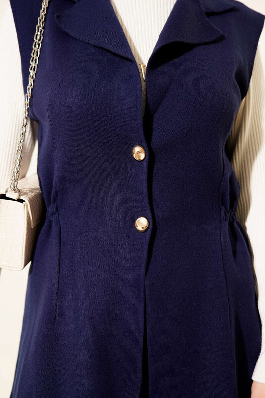 Two-Piece Knitted Set with Double-Breasted Vest, Navy Blue