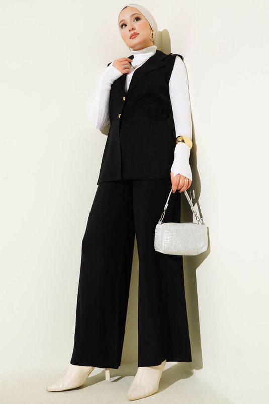 Double-Breasted Vested Two-Piece Knitwear Suit Black