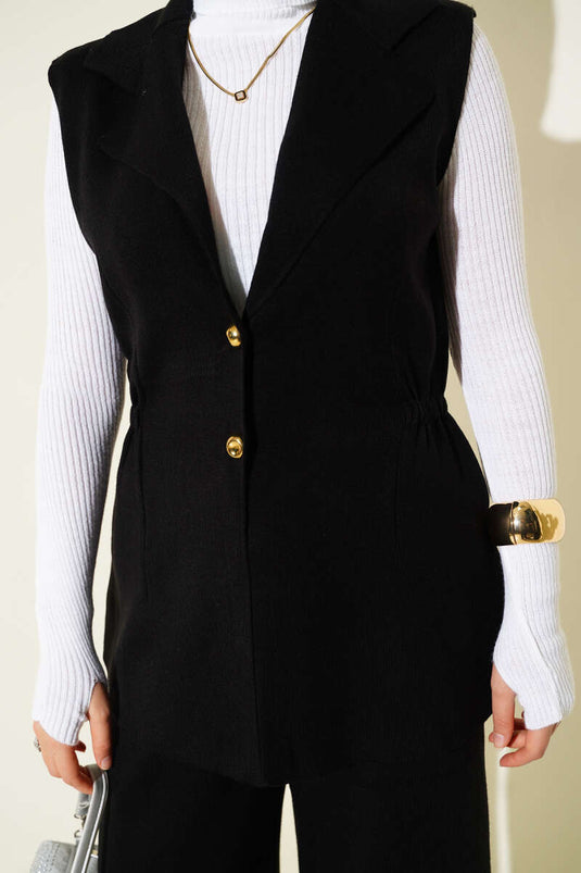 Double-Breasted Vested Two-Piece Knitwear Suit Black