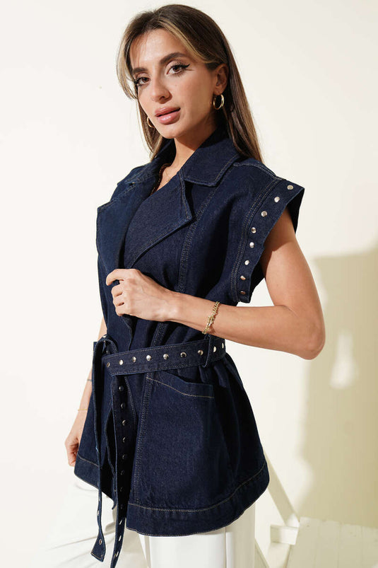 Kruzvaze Collar Belted Jacket Navy Blue