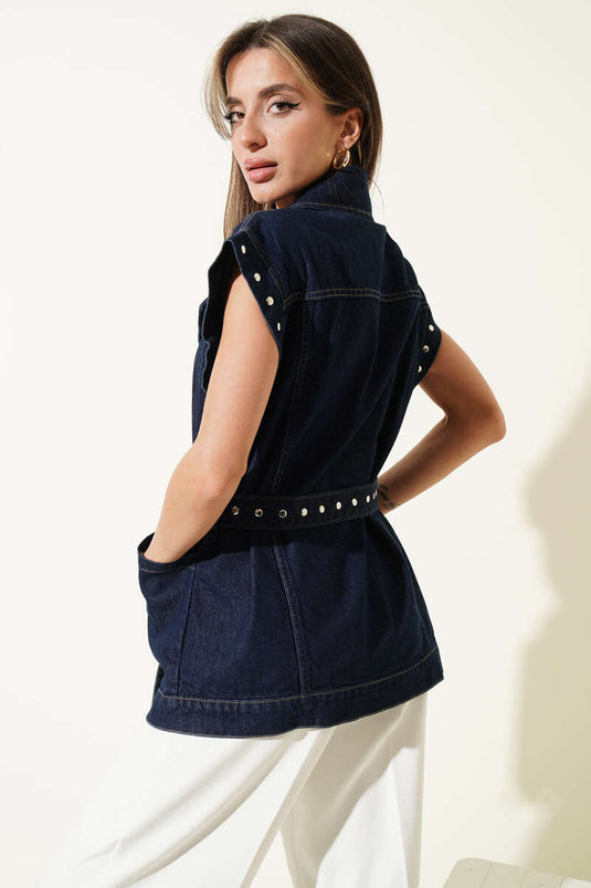 Kruzvaze Collar Belted Jacket Navy Blue
