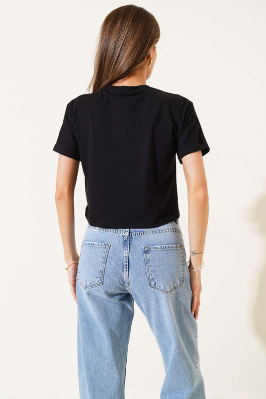 Small Heart Embroidered Crop Top Black