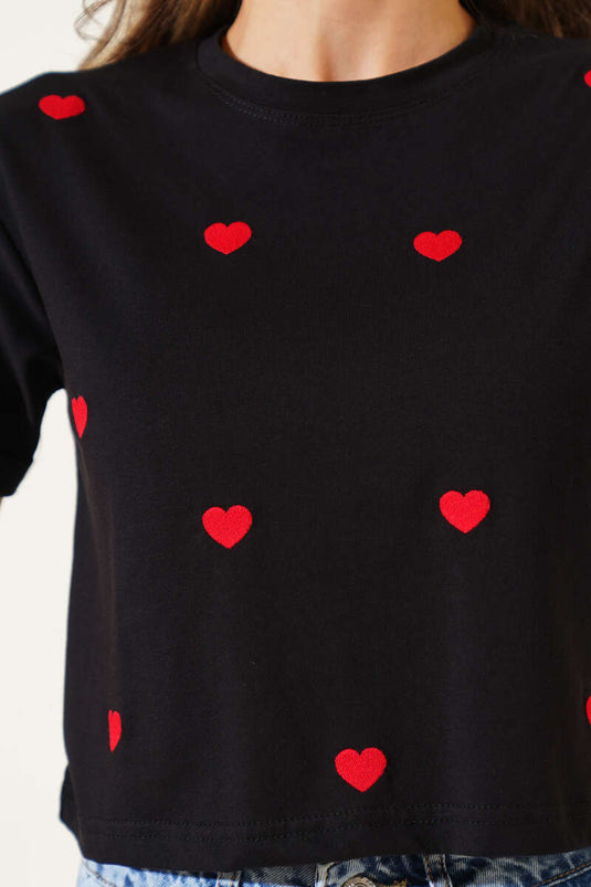 Small Heart Embroidered Crop Top Black